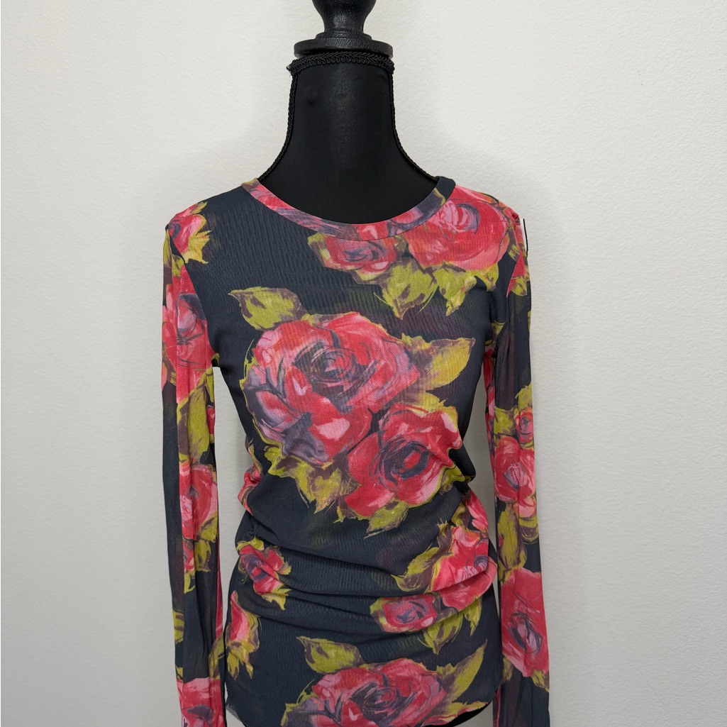 Sweet Pea Floral Long Sleeve Top - Dark Gray With Pink And Green Accents